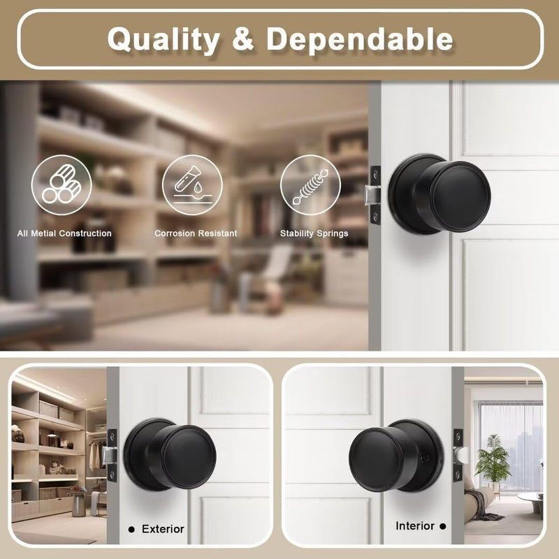 Indoor Matte Black Door Knobs Interior 3 Pack for Closet and Hallways, Modern Kitchen Black Door Handle Interior, Flat Passage Closet Door Knobs Keyless No Lock Passage Door Knobs