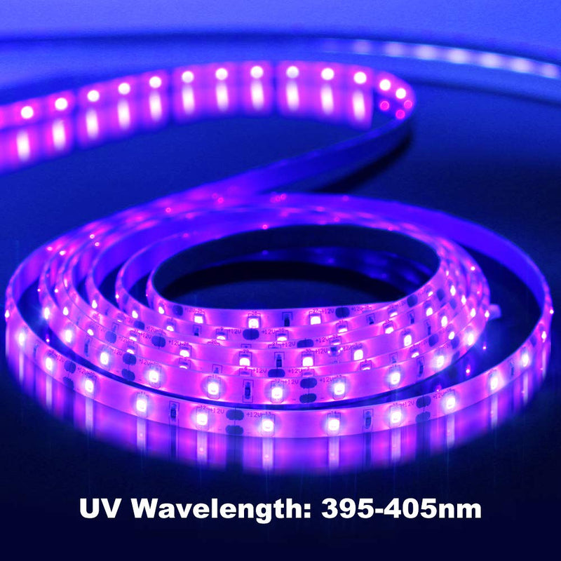 YGS-Tech 24 Watts UV Black Light LED Strip, 16.4FT/5M 3528 300LEDs 395nm-405nm Non-Waterproof Blacklight Night Fishing Implicitly Party with Power Supply 24Watts