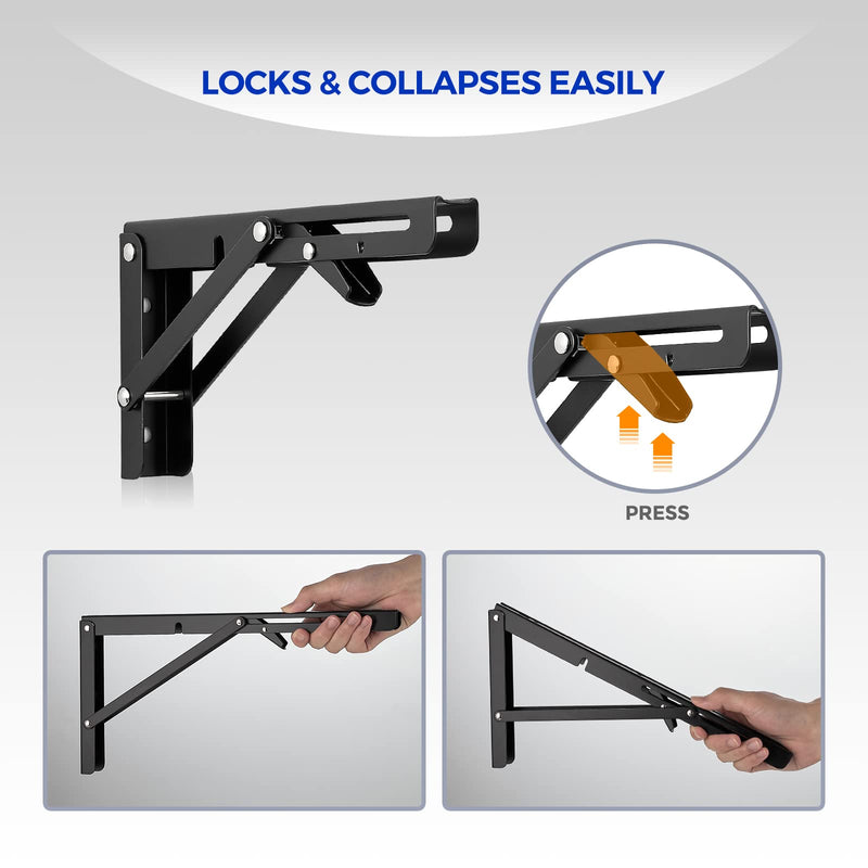 Ravinte Folding Shelf Brackets - Heavy Duty Shelf Brackets Matte Black 10 Inch Collapsible Shelf Brackets, Folding Bracket for Table Bench, Space Saving for Bench Table 2 Pack