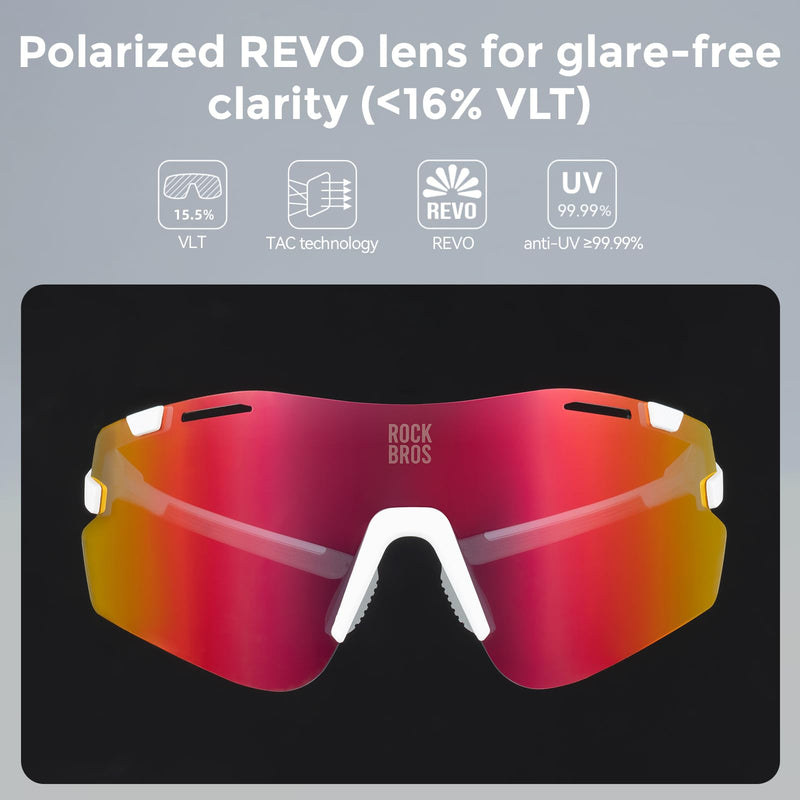 ROCKBROS Performance Cycling Glasses with 3 Interchangeable REVO Lenses, Photochromic, Polarized and Yellow White+pink