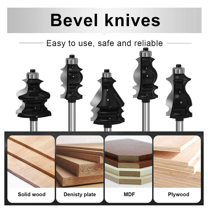 LEATBUY Router Bit Set Architectural Molding 5 PCS 1/4 Inch Shank , Corner Rounding Edge Rail Stile Wood Router Bits Sets, Woodworking Milling Cutter Tool, Door Cabinet Shelf Carbide CNC Router(5)