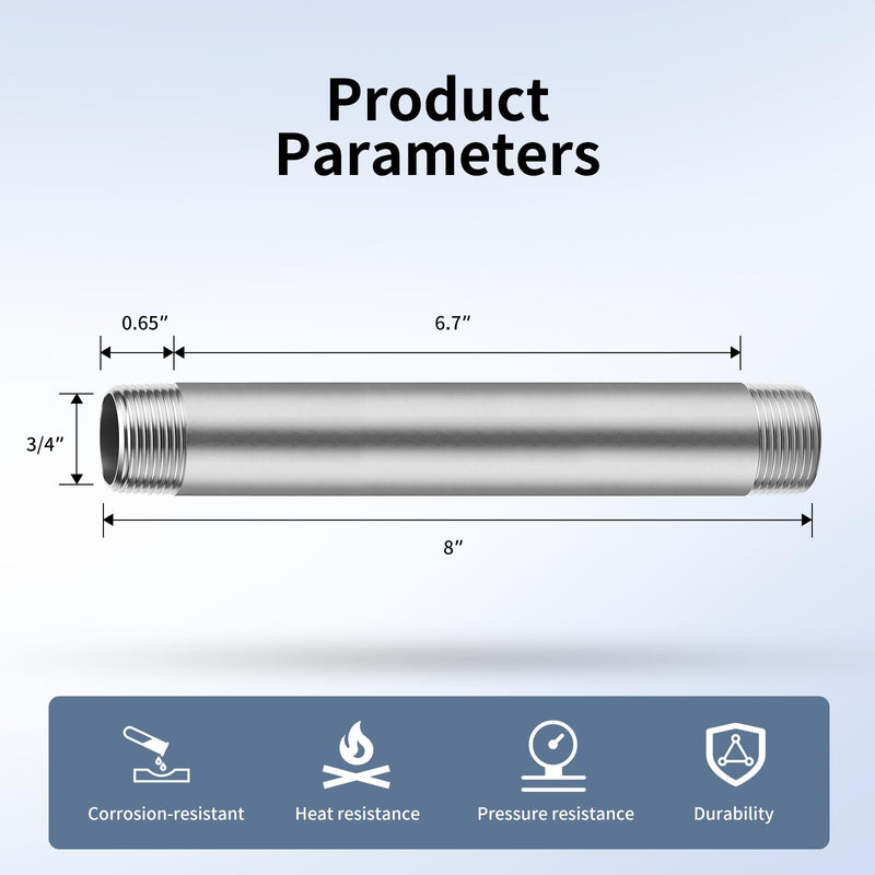 3/4"x8" 304 Stainless Steel Pipe, 3/4" NPTx 3/4" NPT Male Threaded Nipple, SCH40 Heavy Duty Pre-Cut Steel Pipe for Plumbing Gas, Hydraulic, and Industrial Applications(8", 6 Piece) 8 Inch
