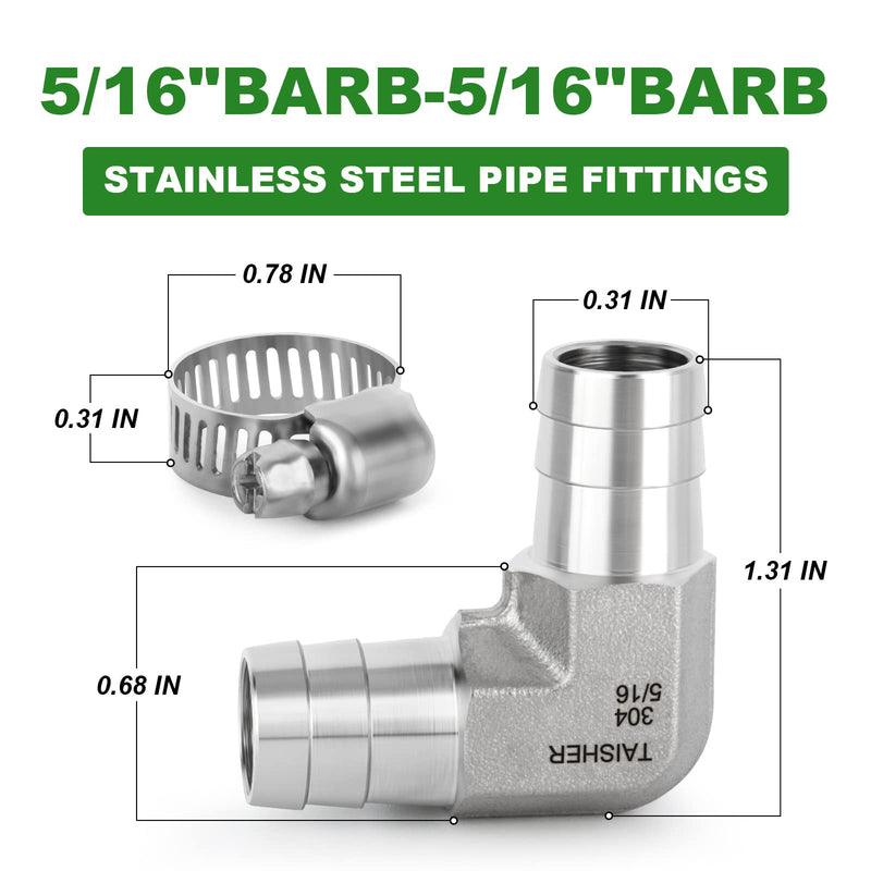 TAISHER 2PCS 304 Stainless Steel 90 Degree Elbow Hose Barb Fittings 5/16" Barb x 5/16" Barb for Fuel/AIR/Lquid/Gas with 4PCS Hose Clamp 5/16" Barb x 5/16" Barb（90 Degree） 2