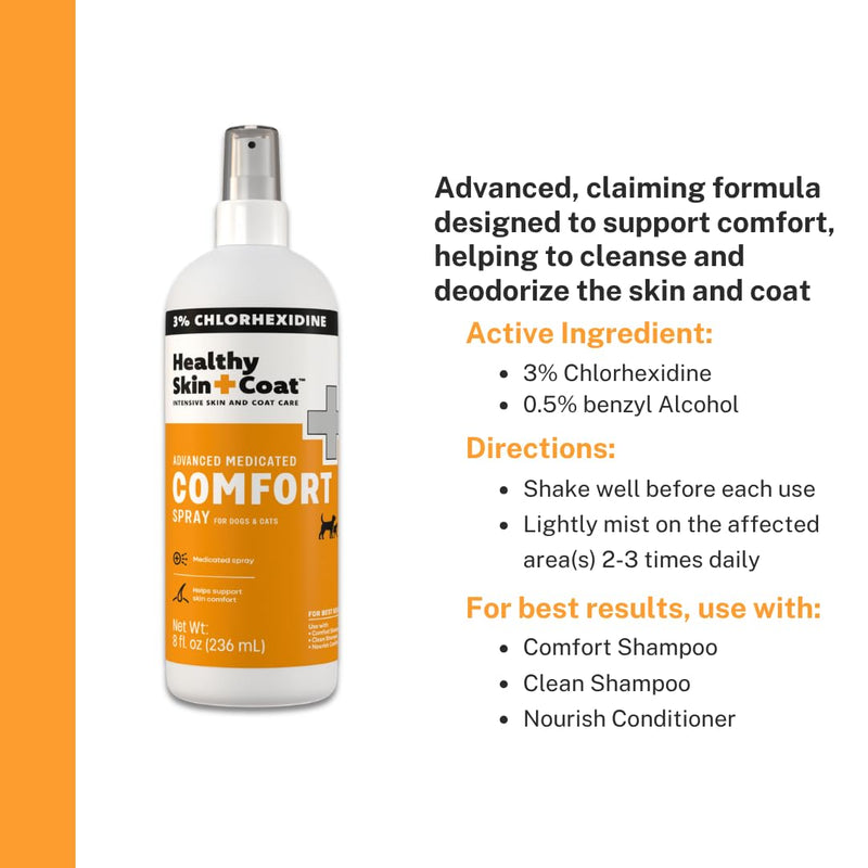 Advanced Medicated Comfort Pet Spray, 8 oz - for Dogs and Cats, for Hot Spots and Irritated Skin and Coat, 3% Chlorhexidine, Made in The USA