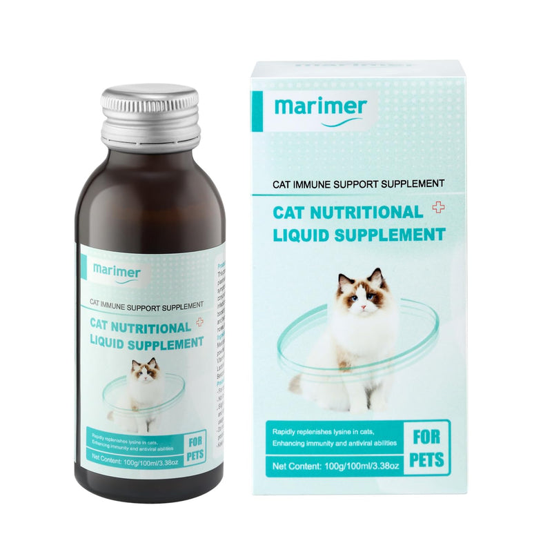 MARIMER Cat Immune Support Liquid Supplement – L-Lysine & Astragalus – Enhances Immunity and Relieves Feline Herpes Symptoms – Nutritional 3.38oz (100ml) for Cats of All Ages