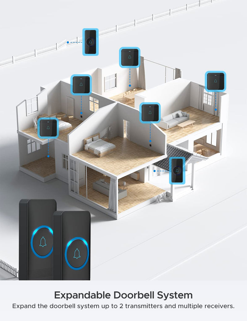 AVANTEK Wireless Doorbell, D-3G Waterproof Chime Kit Operating at Over 1300 Feet with 52 Melodies, 5 Volume Levels & LED Flash Black