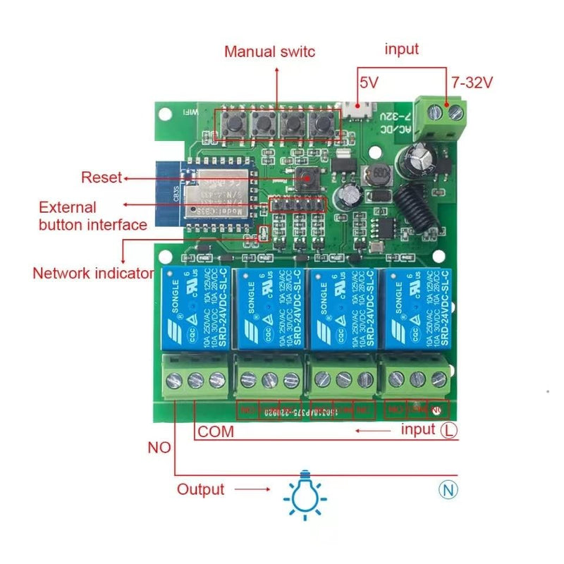 Tuya WiFi Smart 4 Channel 7-32V Relay Switch Module,Dry Contact,Passive Output,Wireless Relay Controller with External Switch Pin,Compatible with Alexa Google Home