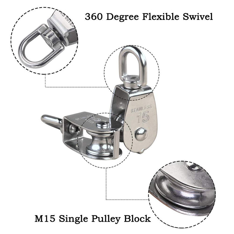 12Pcs Single Pulley Block (M15), AUHOKY 304 Stainless Steel Hanging Wire Towing Wheel, Swivel Lifting Wire Rope Cable Pulley Roller, Max-Load 35kg/77lbs 12 Pcs