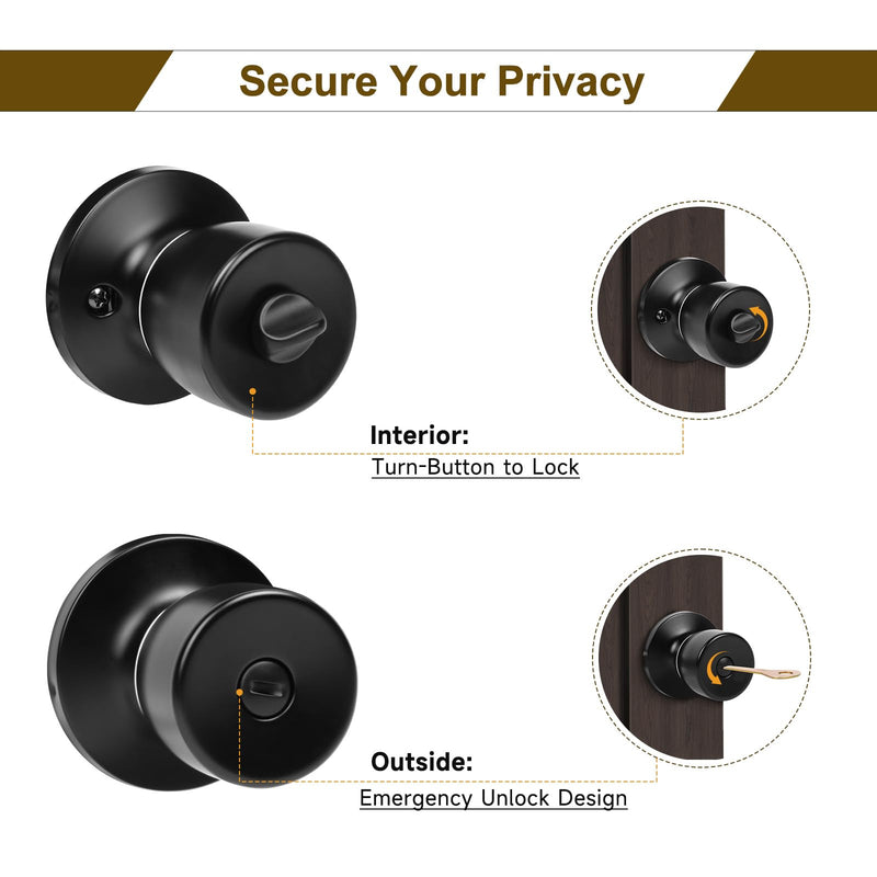 HOSOM Privacy Door Knob, Matte Black Door Knob Set, Black Door Handles Interior, Keyless Doorknobs Interior Door Lock for Bedroom, Bathroom, 1 Pack