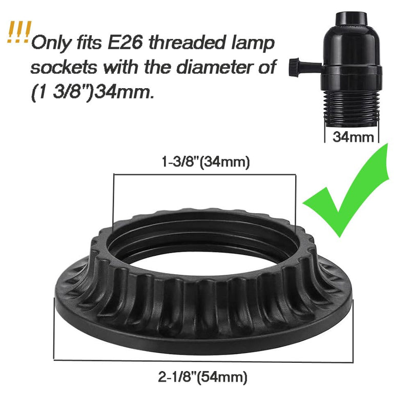 4PCS E26 Light Socket Shade Rings Collar Rings, 2 Assorted Size Lamp Shade Rings 34mm 39mm Inner Diameter, Black Threaded Reducer 1-3/8 Inches and 1-1/2 Inch