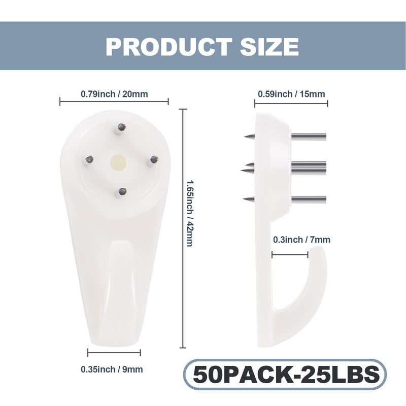 50 PCS Picture Hangers Hanging Kit, Heavy Duty Hooks for Stucco/Concrete/Hard Walls Without Drilling, Invisible Nail&25 LBS Weight Load 50 Standard