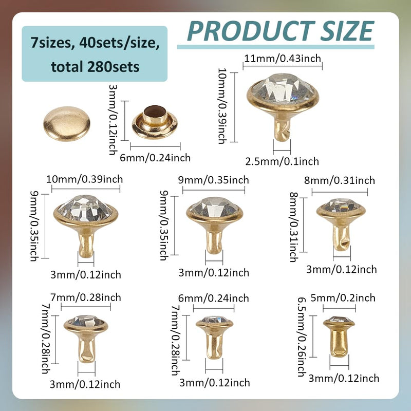 FINGERINSPIRE 280 Sets 7 Sizes Clear Rhinestone Rivets (5/6/7/8/9/10/11mm) Golden Crystal Rivets Metal Double Cap Rhinestone Stud Rivets Studs for DIY Leather Arts Crafts Clothes Decoration