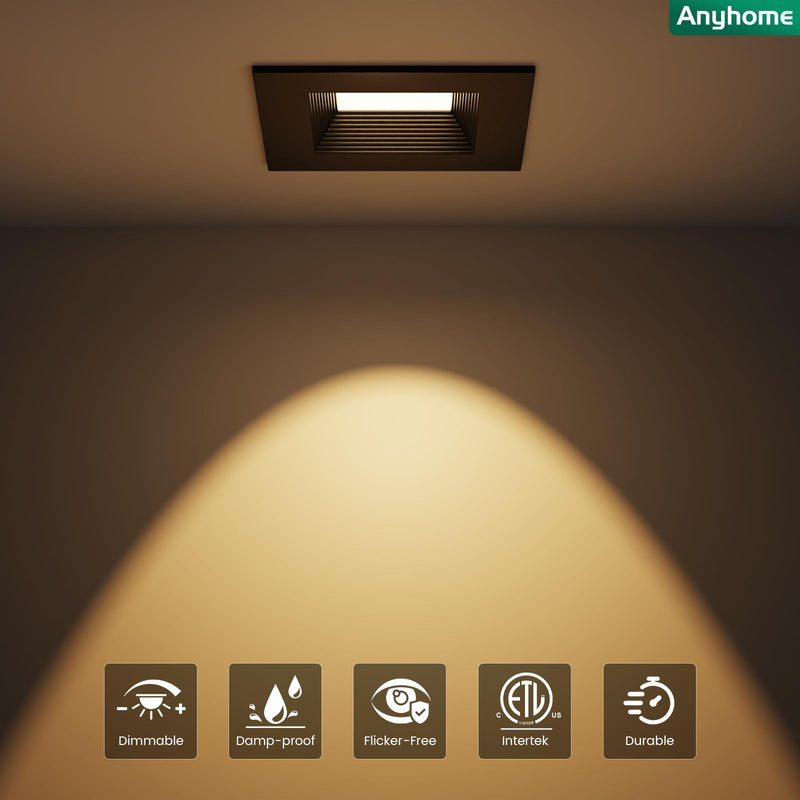 4 Inch Led Recessed Lights Square,Led Downlight Square Black,with Baffle Anti-Glare,5CCT 2700K-5000K Dimmable,9W 800LM,ETL & ES(4 Pack) 4