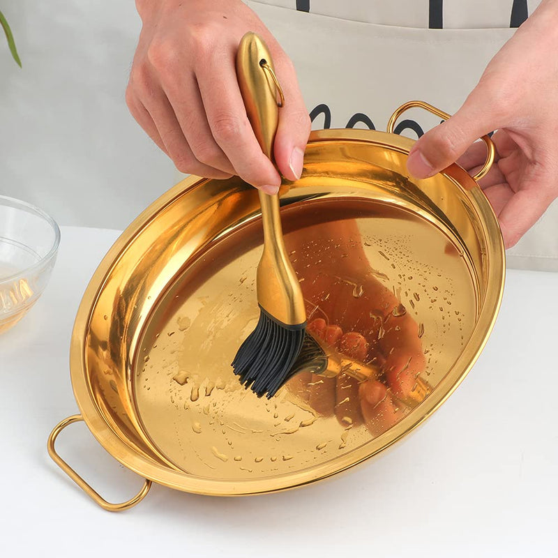 Stainless Steel 2pcs Steaming Tray Set, With plate tongs , oil brush tool，Folding handle，Chinese Liangpi Making Tools Set, For Cold Noodle，Steamed Rice，Steamer Pan Round Cake Fruit Tray (Gold) Gold