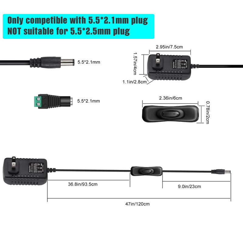 12V Power Supply with Switch for Led String Light, Led Strip Light, Neon Sign, Under Cabinet Lighting, DC 12V CCTV Camera,Output 2A, 24 Watt Max