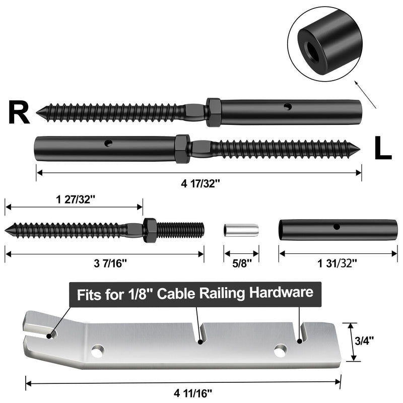 BLIKA 10 Pair 1/8" Black Left & Right Swage Lag Screws for Wood Posts-Hidden Crimp Design, T316 Stainless Steel, Hidden Crimp Cable Railing Kit, Wire Railing Kit for Decks 1/8"