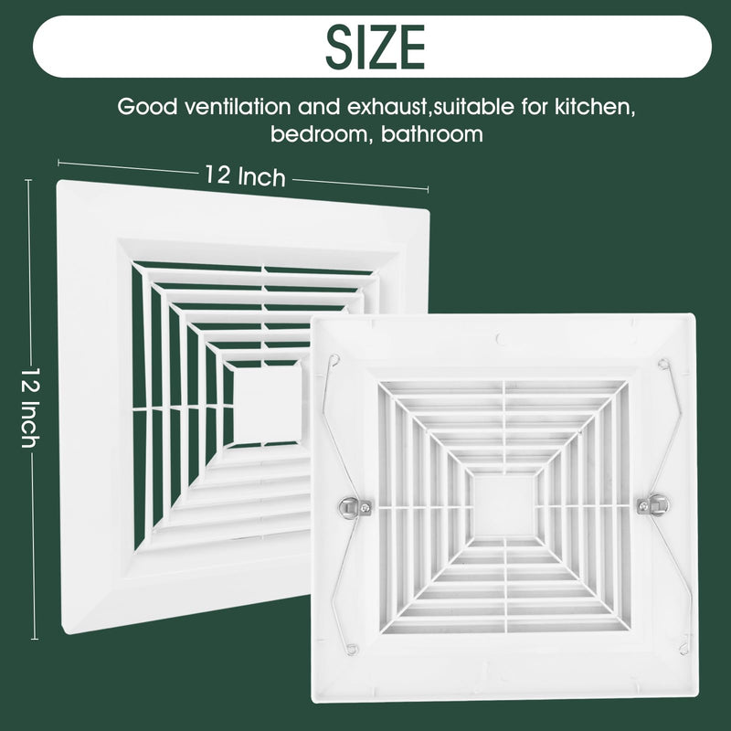 White (1 Piece 12" x12"Inch） Bathroom Exhaust Fan Cover with Spring, Square Ceiling or Wall Mounted Exhaust Fan, Ceiling Fan, Grille, Air Diffuser, Diverter Ventilation Hood, Replacement Accessories 1 12 x 12 Inch