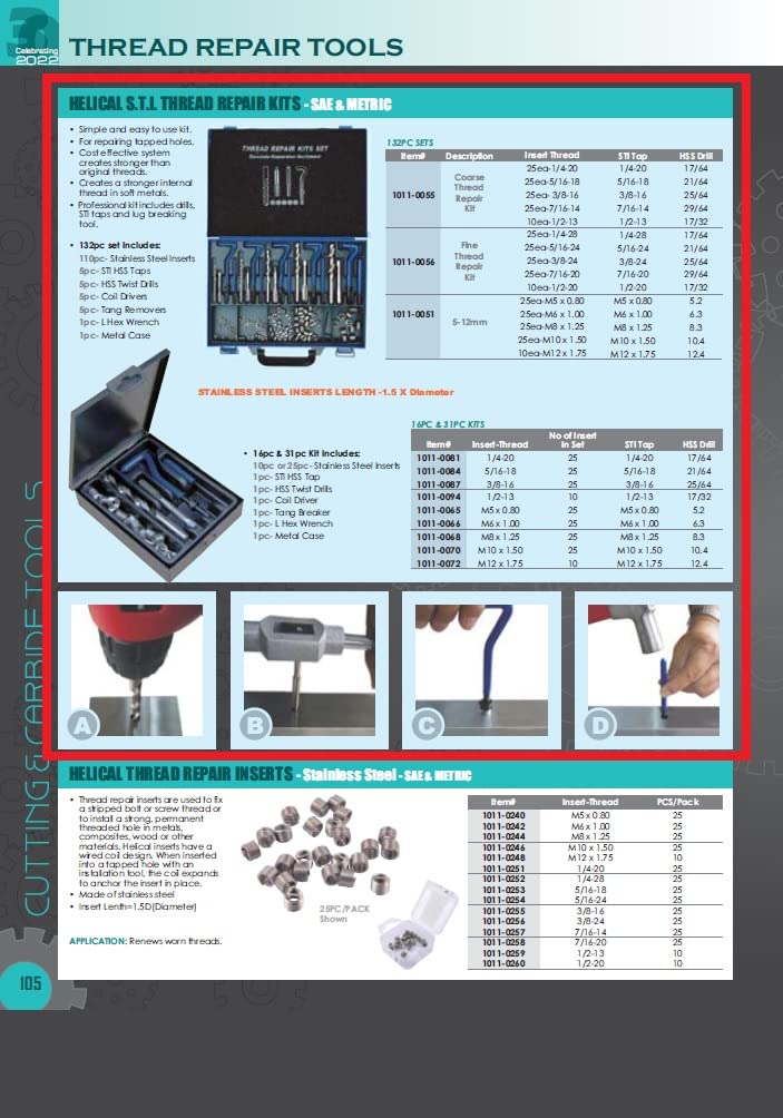 HHIP 1011-0072 16 Piece M12 x 1.75 Helical STI Thread Repair Kit M12 X 1.75 16 Pc. Kit Thread Repair Kit - Metric