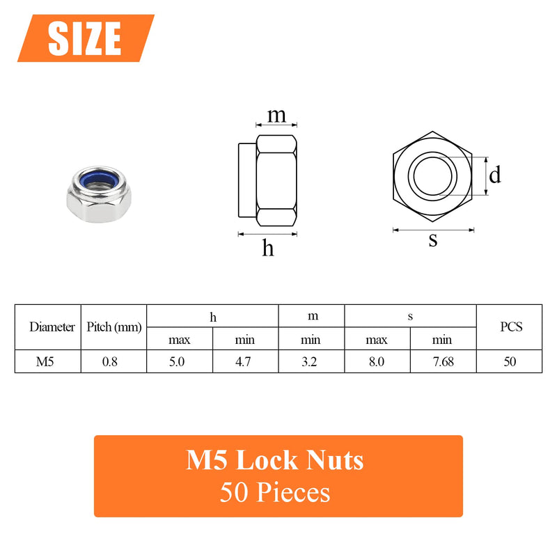 50 Pieces M5 x 0.8mm Nylon Insert Hex Lock Nuts, 304 Stainless Steel (18-8) Locknuts, Coarse Thread ‎M5 x 0.8mm (50 PCS)