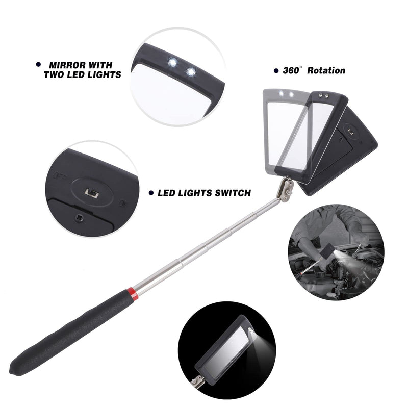 Magnetic Pick Up Kit 5pc, With 1lb And 10lb Pick Up Rod, Square 360 Swivel Adjustable Inspection Mirror And Flexible Led Flashlight, Magnetic And Telescopic