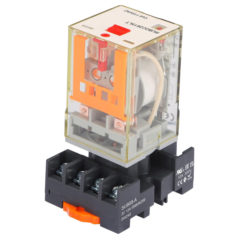 Power Relay MK2P-I Type RUB2C2615LT, AC 120V Coil, 8Pin 2NO 2NC DPDT, with LED Indicator Light and Test Button, Plug-in Terminal Socket Base, UL Certification (AC 110V) AC 110V