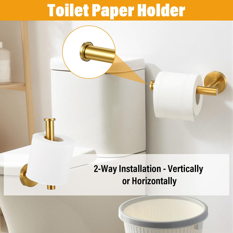 4-Piece Brushed Gold Bathroom Hardware Set, SUS304 Stainless Steel Toilet Paper Holder, Towel Ring & 2 Robe Hooks - Rustproof Wall Mounted Bathroom Accessories Kit