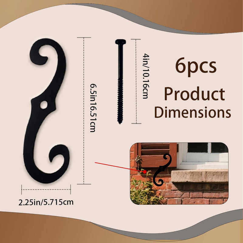 6 Pcs Black S Style Shutter Dogs 6.5" Shutter Dogs Hardware for Exterior Shutter Dog Holders Decorative Window Shutter Hardware for Outdoor Shutters 6 pcs