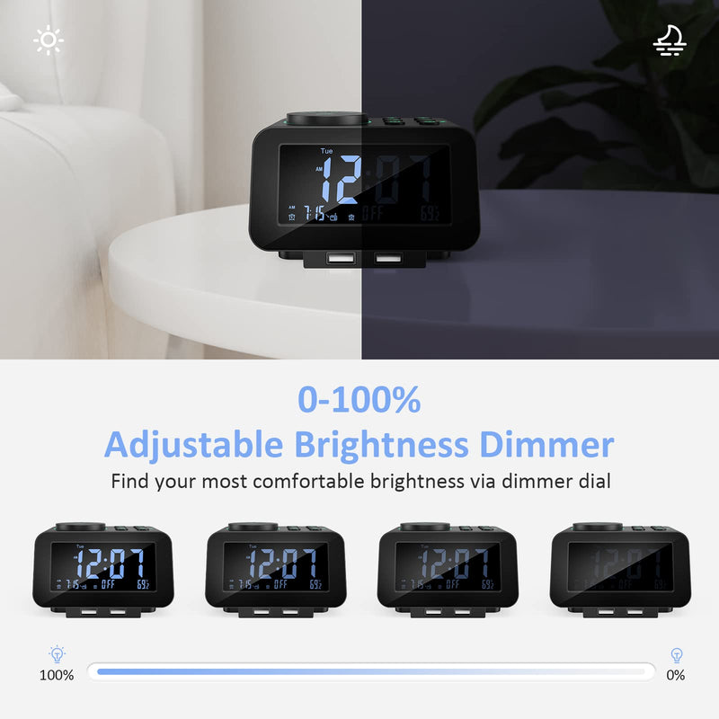 uscce Digital Dual Alarm Clock Radio - 0-100% Dimmer with Weekday/Weekend Mode, 6 Sounds Adjustable Volume, FM Radio w/Sleep Timer, Snooze, 2 USB Charging Ports, Thermometer, Battery Backup Black