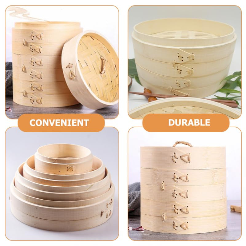 OUNONA Bamboo Steamer with Lid 5.11 Inch Round Kitchen Food Steamer Basket for Cooking Dim Sum Seafood Vegetables and Dumplings Natural Material Steaming Tool for Home Use 13X13X9.8CM