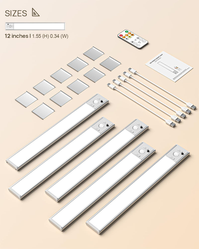 Under Cabinet Lights,12'' Rechargeable Battery 350 Lumens Motion Sensor Indoor Light Wireless Counter Light,3 Color Temperature Dimmable Closet Lighting with Remote Control for Kitchen,Stairs,Wardrobe White 5 Pack