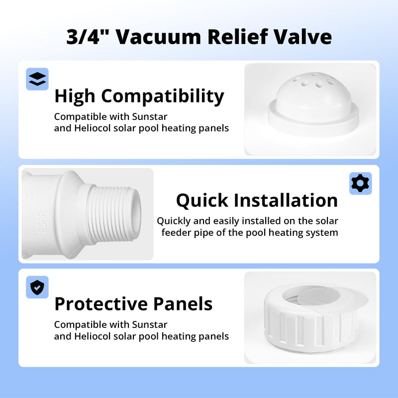 3/4" Vacuum Relief Valve Pool Solar Panels Compatible for Heliocol and Sunstar Panels, PVC Vacuum Relief Valve Fit for Heliocol Solar Swimming Pool Heating Systems (White)
