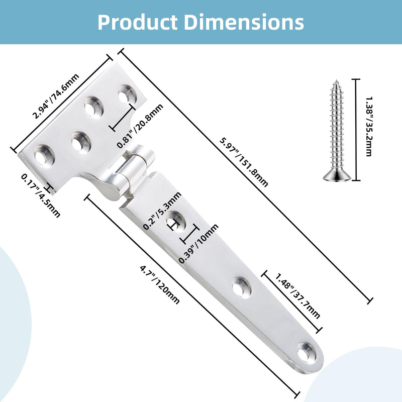 6" Heavy Duty T Hinges, 316 Stainless Steel Strap Hinges for Boat, Barn Door & Wooden Gate, Rustproof Polished Tee Hinge with Extra-Long 1.38" Screws (0.17" Thick), 2 Pack