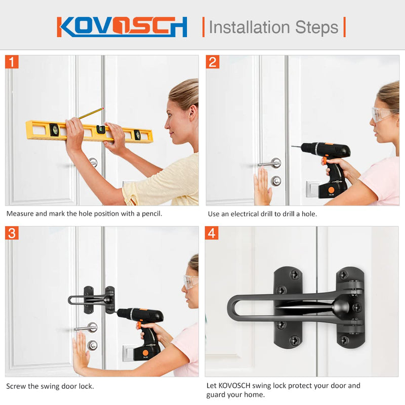 2 Pack Swing Bar Lock Black, Heavy Duty Door Lock Security, Sturdy Swing Bar Door Guard for Front Doors, Zinc Alloy 2 Pack
