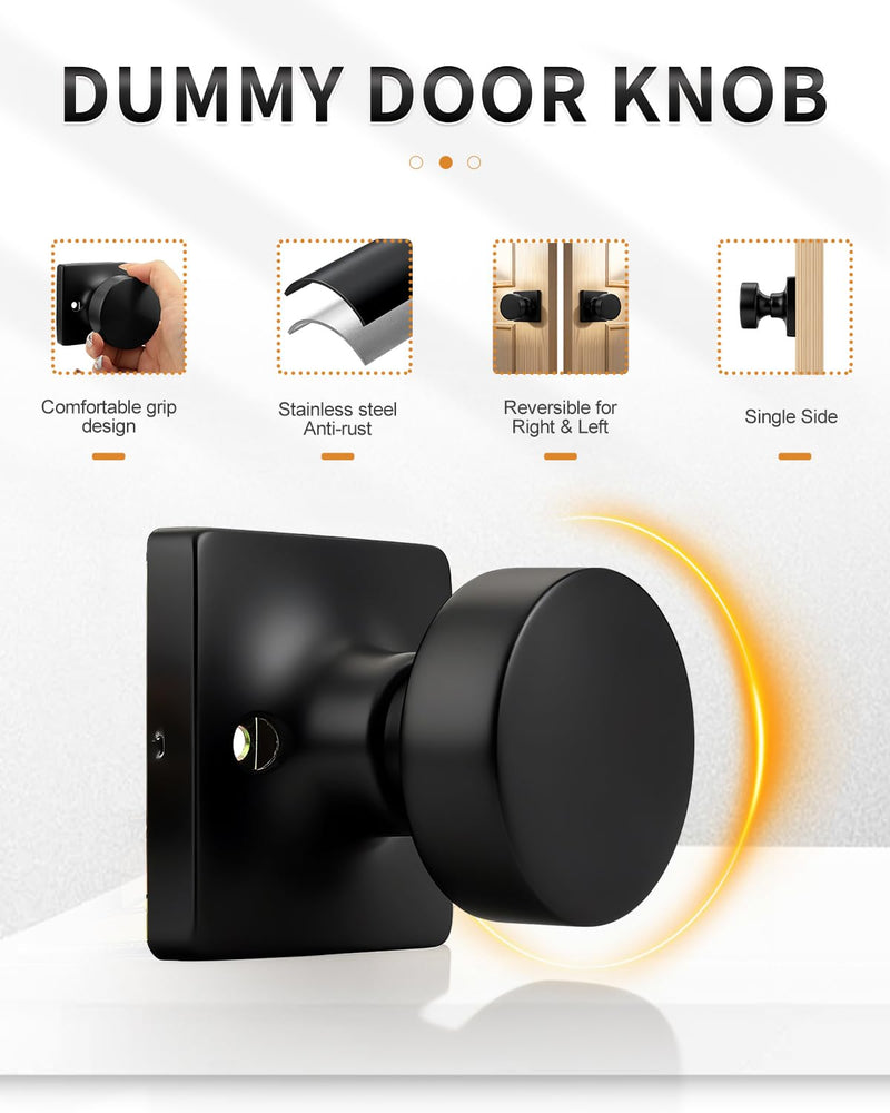 Probrico Matte Black Dummy Door Knobs Interior, Single Sided Dummy Door Handles for Closet 2 Pack, Standard Size Non-Turning Interior Flat Ball Knob Push/Pull Door Knob