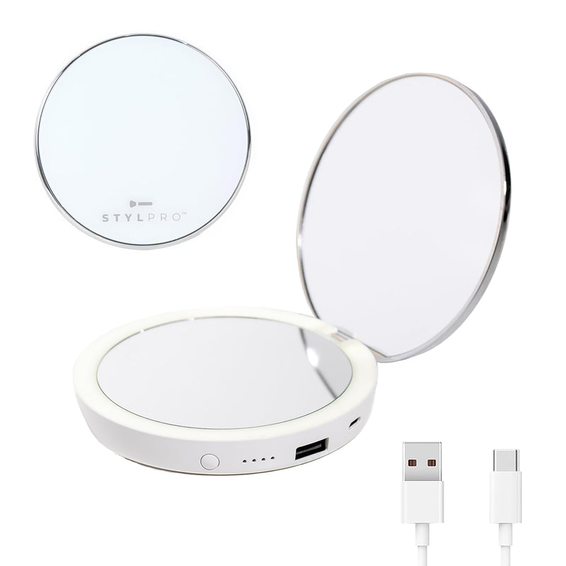 stylPro Flip N Charge Power Bank Compact Mirror with LED Light - Handheld Pocket Magnifying Mirror Travel Makeup & Hair Styling - 2 in 1 USB Charger - Mini Portable Mirror for Purse - 1 Piece