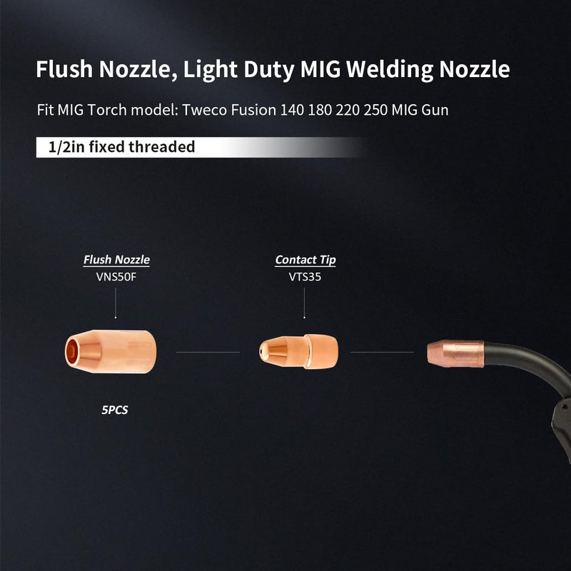VNS50F Flush Nozzle 1/2in Fixed Threaded for Tweco Fusion 140 180 MIG Gun | 5pcs Velocity Nozzles Replacement Compatible with Tweco Fusion 220 250 MIG Gun VNS50F Series