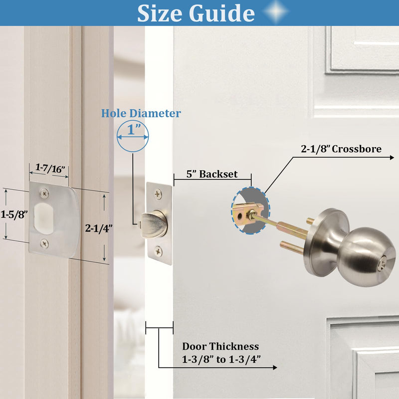 5" Backset Latch Keyed Entry Door Knob with Lock and Key, Standard Square Interface Entrance Ball Doors Knobset Lockset, Satin Nickel