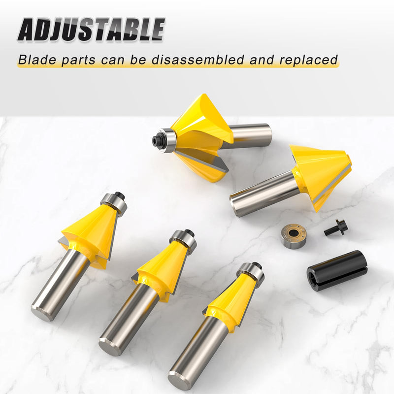 MEANLIN 5PCS Chamfer Router Bit Set 1/2 Inch Shank Dish Carving Router Bits with Top Bearing for Woodworking, 11.25, 15, 22.5, 30, 45 Degree 1/2 in