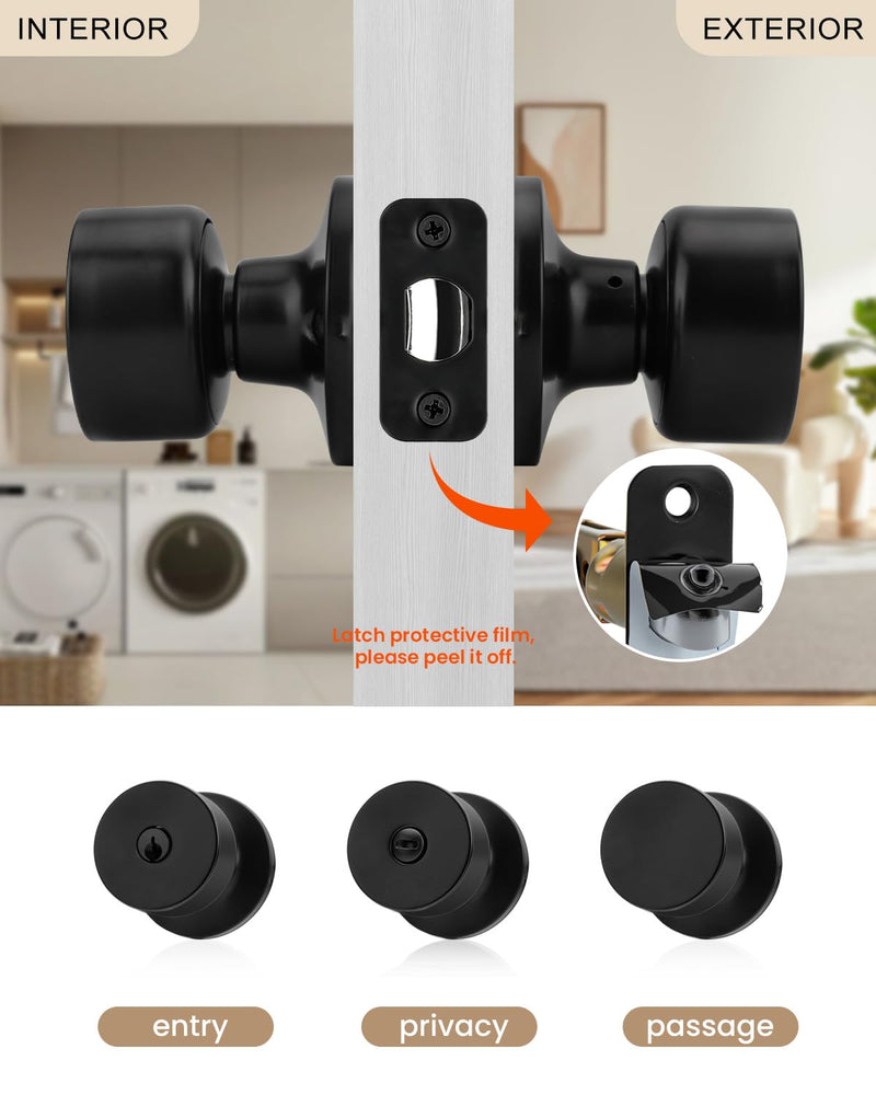 Haidms Matte Black Closet Door Knobs, Passage Door Knob for Closet, Black Round Door Knobs Interior Hallway 3 Pack