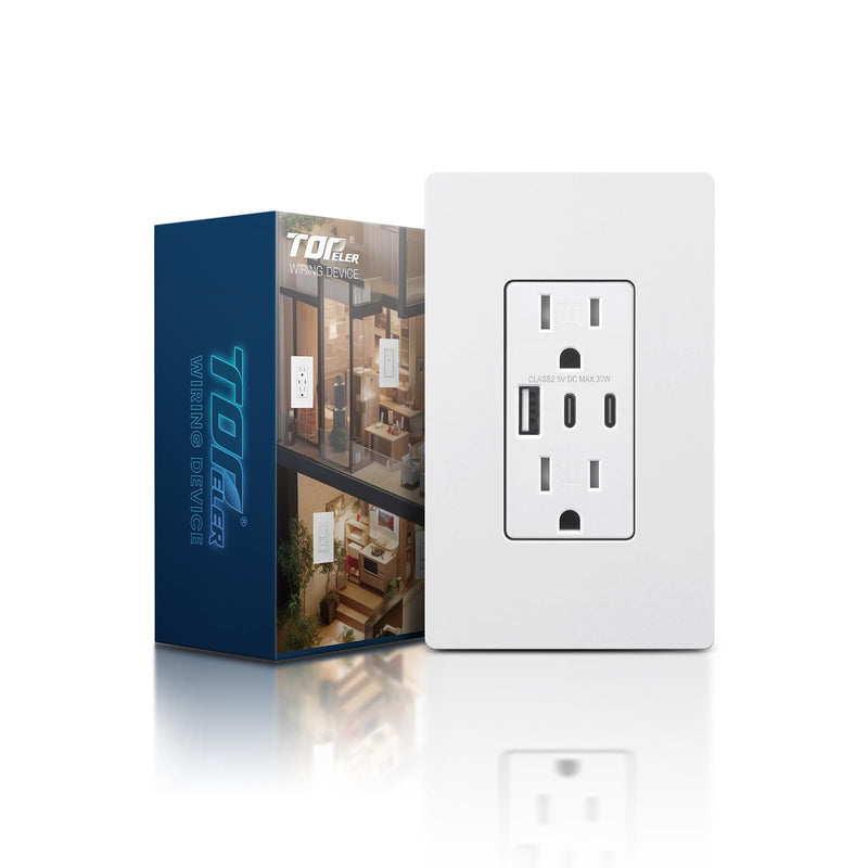 USB Wall Outlets, 3-Port USB C Outlet Receptacles, 30W 6.0A USB Electrical Outlet, 15 Amp Tamper-Resistant Outlet with Dual C Ports, ETL & FCC Listed, Screwless Wall Plate Included, White 15A 1