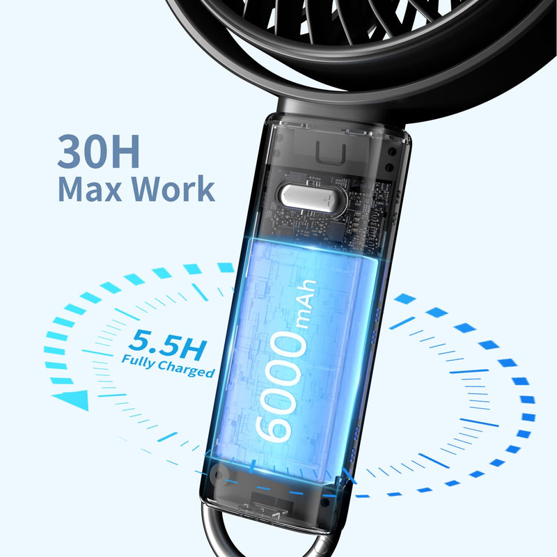 6-Inch Large Handheld Fan, 6000mAh Battery Portable Fan with 100 Speed Levels, Strong Airflow Personal Fan, 5-30 Hours Working Time, 135° Foldable for Travel, Outdoor, Office (Black) Black