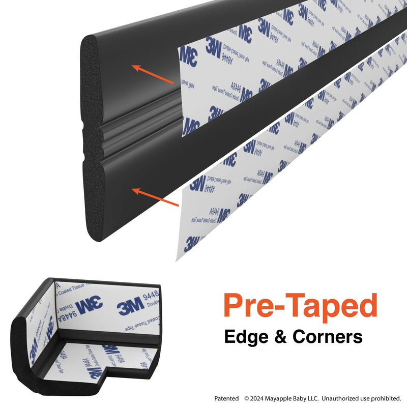 Roving Cove PreFit Edge Corner Protector (Broad 9ft Edge 2 Corners), Baby Proofing Fireplace Hearth and Furniture Bumper Guards, Onyx Black, Extra Wide, Extra Adhesion, Pre-Taped