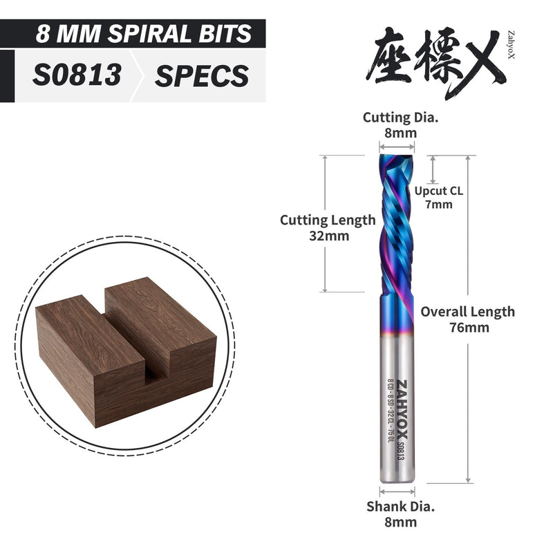 8mm Shank Compression Spiral CNC Router Bit, 8mm Cutting Diameter, 8mm Shank Diameter - 32mm Cutting Diameter - 75mm Overall Length, 2 Flute Nano Coated CNC End Mill