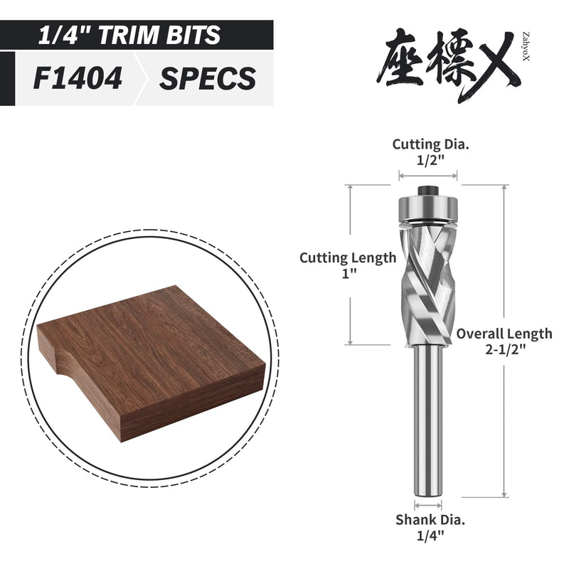 ZahyoX Monster Compression Flush Trim Router Bit with Bottom Bearing, 1/2" Cutting Dia, 1/4" Shank, 1" Cutting Length, 2-5/8" Overall Length