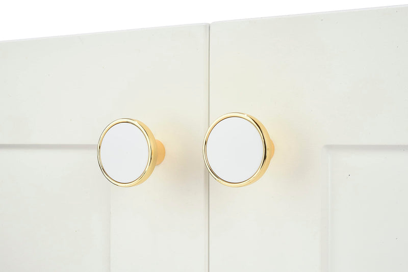 CAYBO 5 Pack 1-1/4 Inch 32mm Round Shiny Gold with White Knob for use on Your Dresser, Drawer, Kitchen, Office and Bathroom cabinets. Gold White