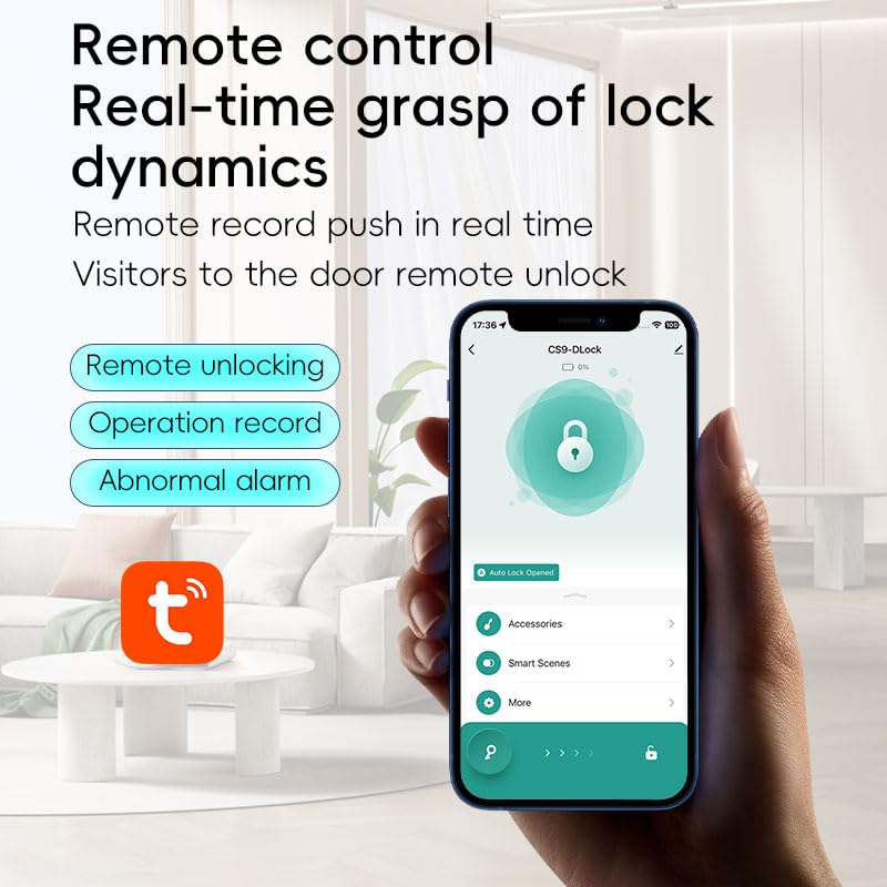 Security Lock Deadbolt, Black Suede Keyed Smart Entry Door Lock with Bluetooth Connected Keypad for Code Entry and Remote Access, DS04-TUYA