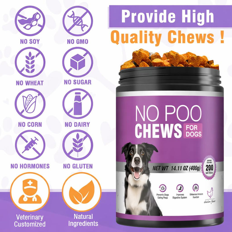 200 Chews No Poo Chews-No Poop Eating Deterrent for Dog-Coprophagia Deterrent for Dogs-Prevent Stop Dogs from Eating Poop Supplement with Digestive Enzymes&Probiotics-Breath Freshener-Chicken Chicken