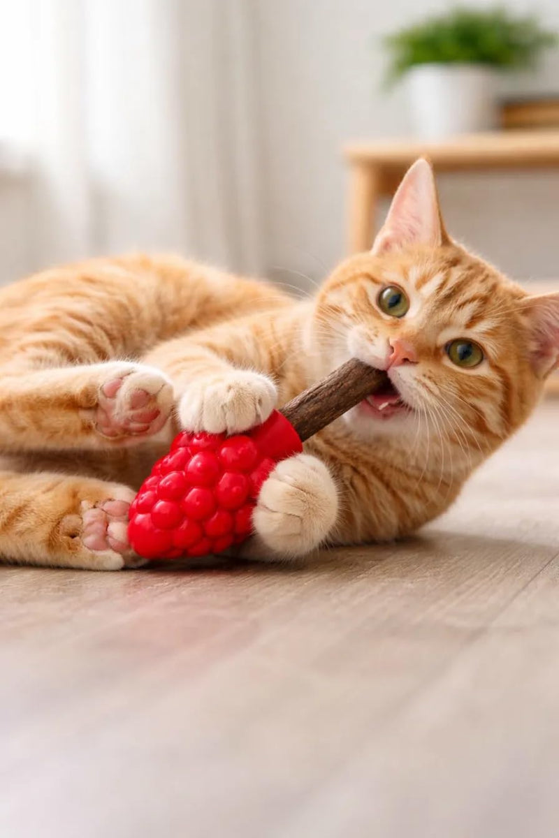 Cat Dental Teether Toy with Silvervine Chew Stick - Rubber Berry Holder with Catnip Oil Infused Matatabi Stick for Teeth Cleaning - Kitten Teething Toy for Indoor Cats (1 Teether + 1 Stick) 1 Rubber Berry Teether, 1 Silvervine Chew Stick