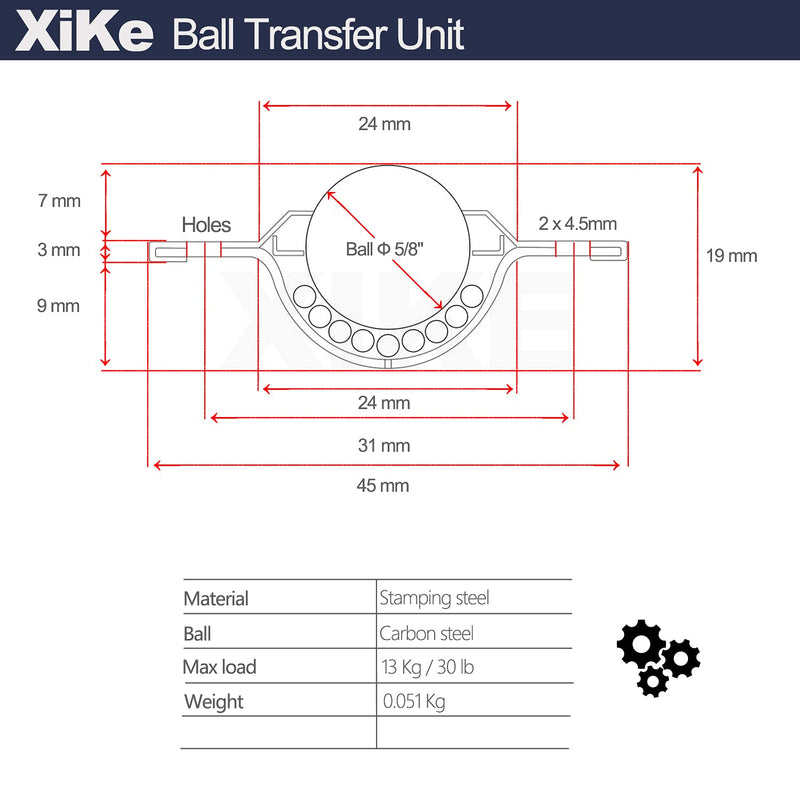 XiKe 8 PCS Ball Bearing Transfer Units 5/8" Roller Transfer Bearings Wheel Casters 30Lbs Carbon Steel Flange Mounted 360 Rotation for Transmission. 30 pounds load ＆ 5/8" ball diameter