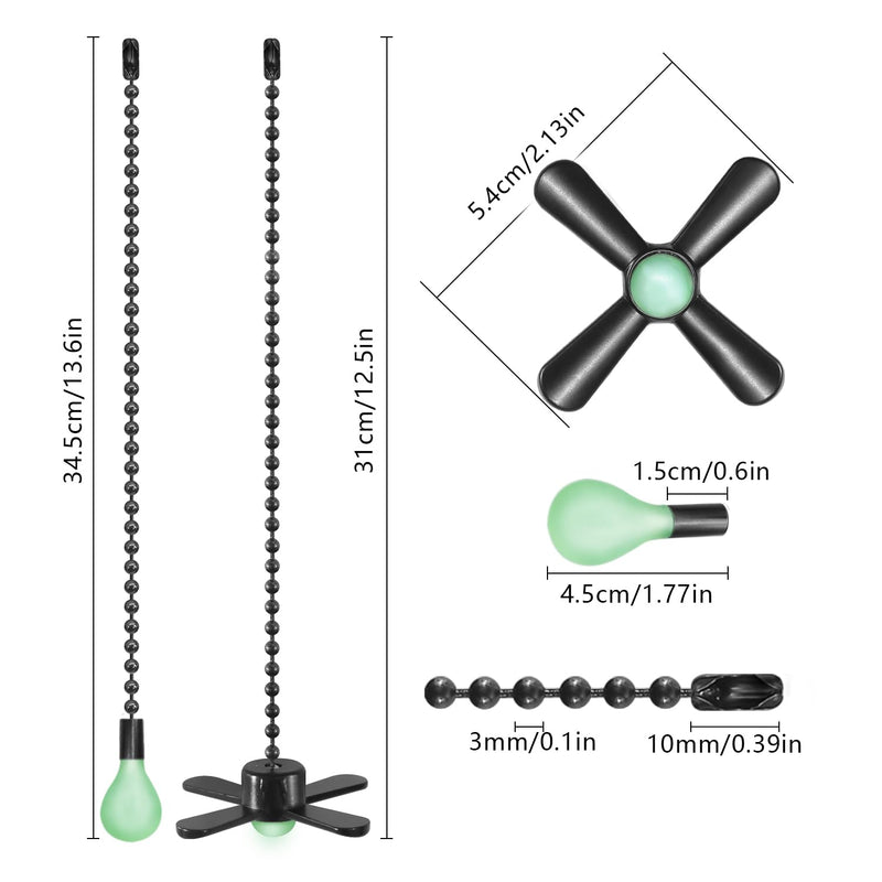 Black Ceiling Fan Pull Chain Set, 2Pack 3mm Diameter Beaded Fluorescent Decorative Pendant Extension, 12in Lighting & Fan Chain Extender with Connector Glow in The Dark(Black) 2 Black